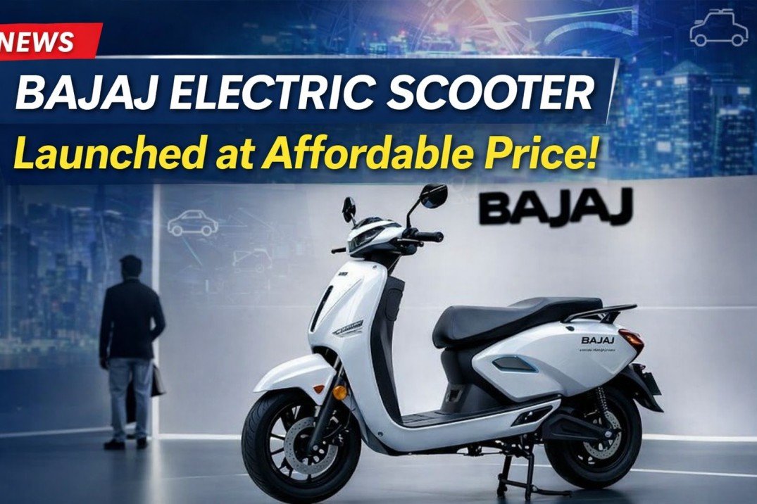 Bajaj electric scooter showcased with modern design and affordable price concept