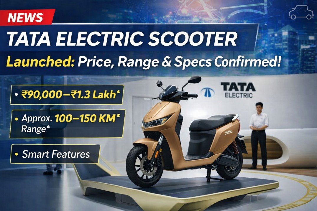 Tata electric scooter launch image showing modern design, expected price, driving range and EV features in India