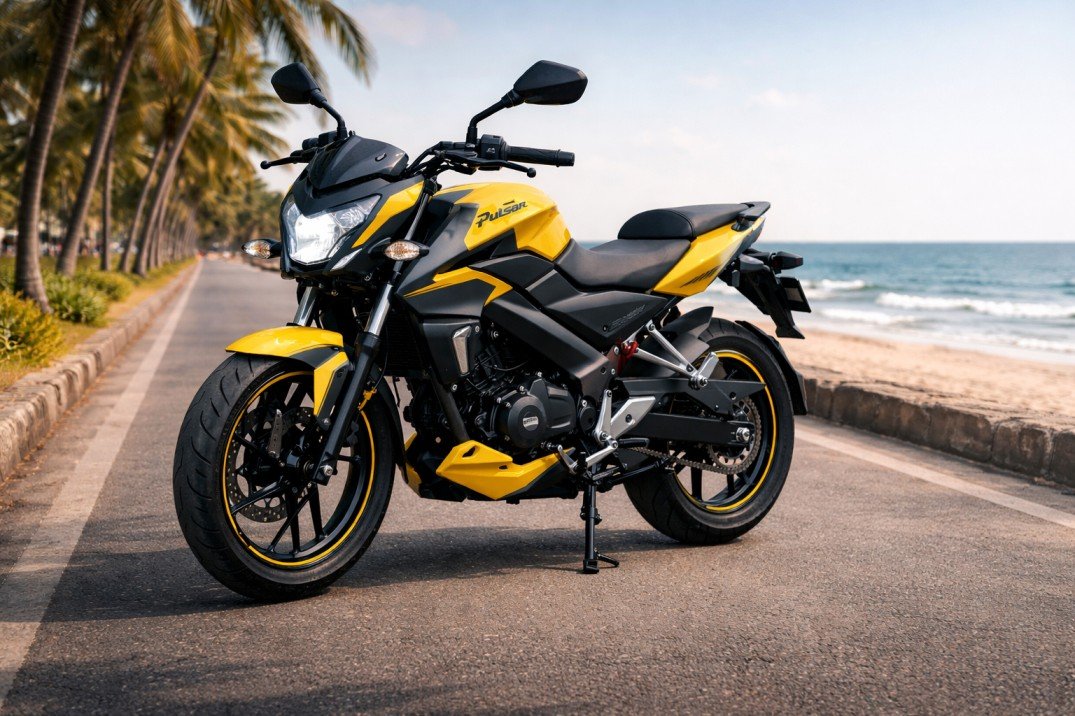 Bajaj Pulsar NS200 2026 motorcycle in yellow black color with sporty street design