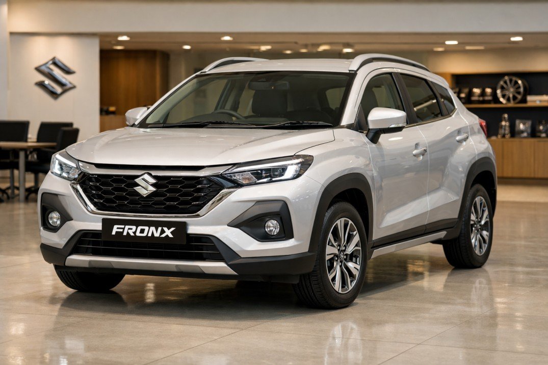Maruti Fronx SUV 2026 shown in showroom with updated design and compact SUV styling