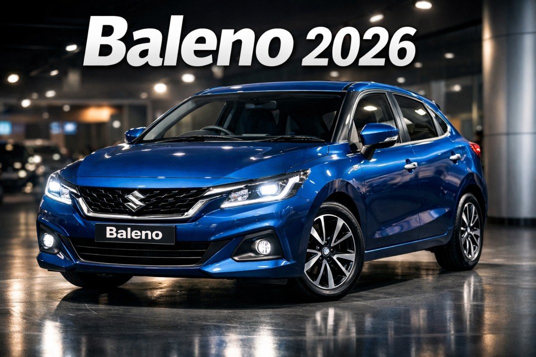 Blue Maruti Suzuki Baleno 2026 premium hatchback front view in showroom lighting