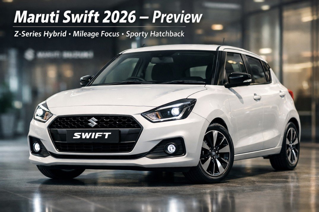 Maruti Swift 2026 hatchback showcased in showroom highlighting Z-Series hybrid technology and mileage focus