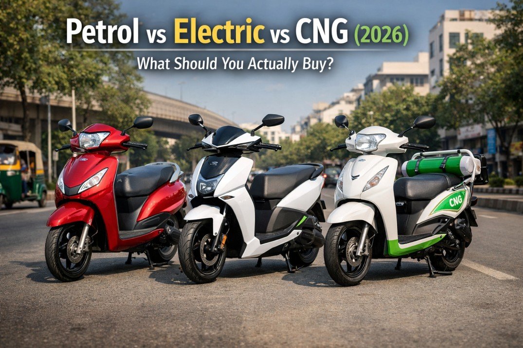 Comparison of petrol, electric, and CNG two-wheelers in India showing real-world usage differences