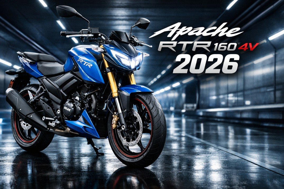 Blue TVS Apache RTR 160 4V sports bike with LED headlamp in studio lighting