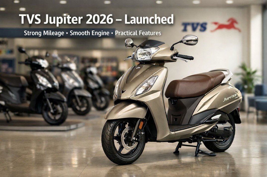 TVS Jupiter 2026 scooter showcased in showroom highlighting smooth engine, strong mileage and practical features
