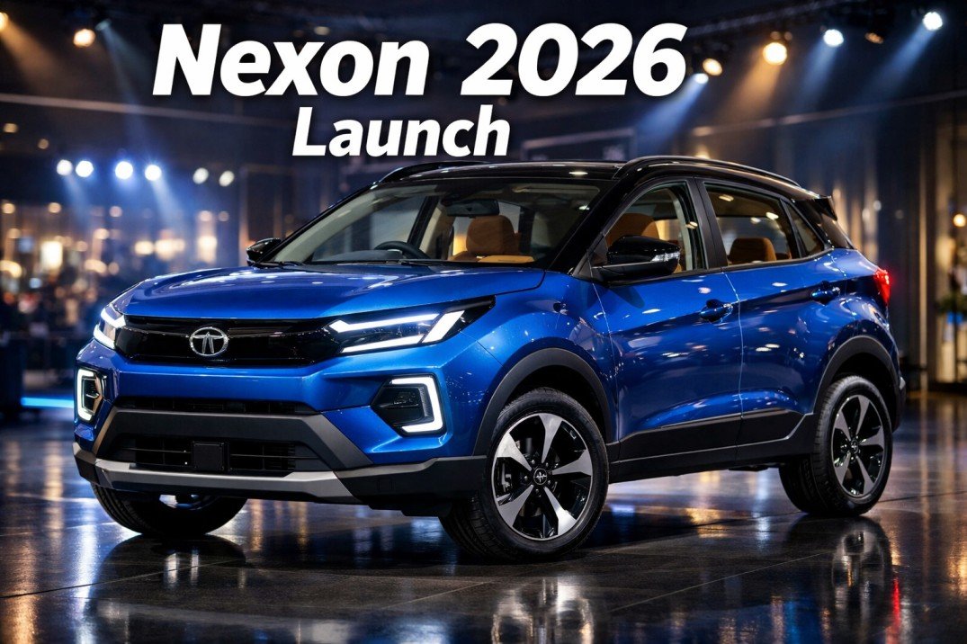 Blue Tata Nexon 2026 compact SUV showcased in showroom with updated design