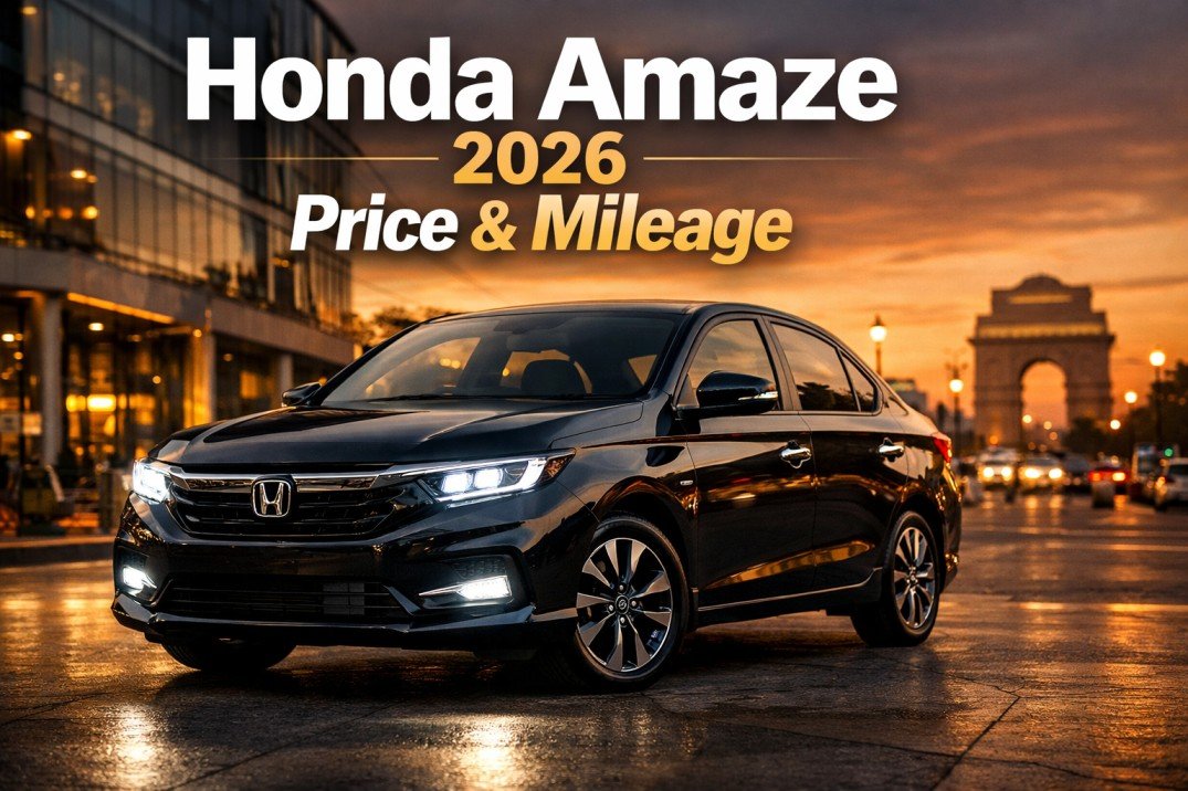 Honda Amaze 2026 sedan front view with modern design and LED headlights