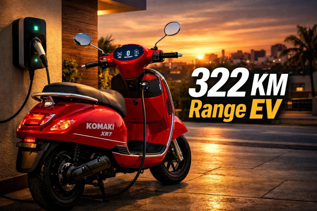 Red Komaki XR7 electric scooter parked near charging station showing long range electric vehicle design