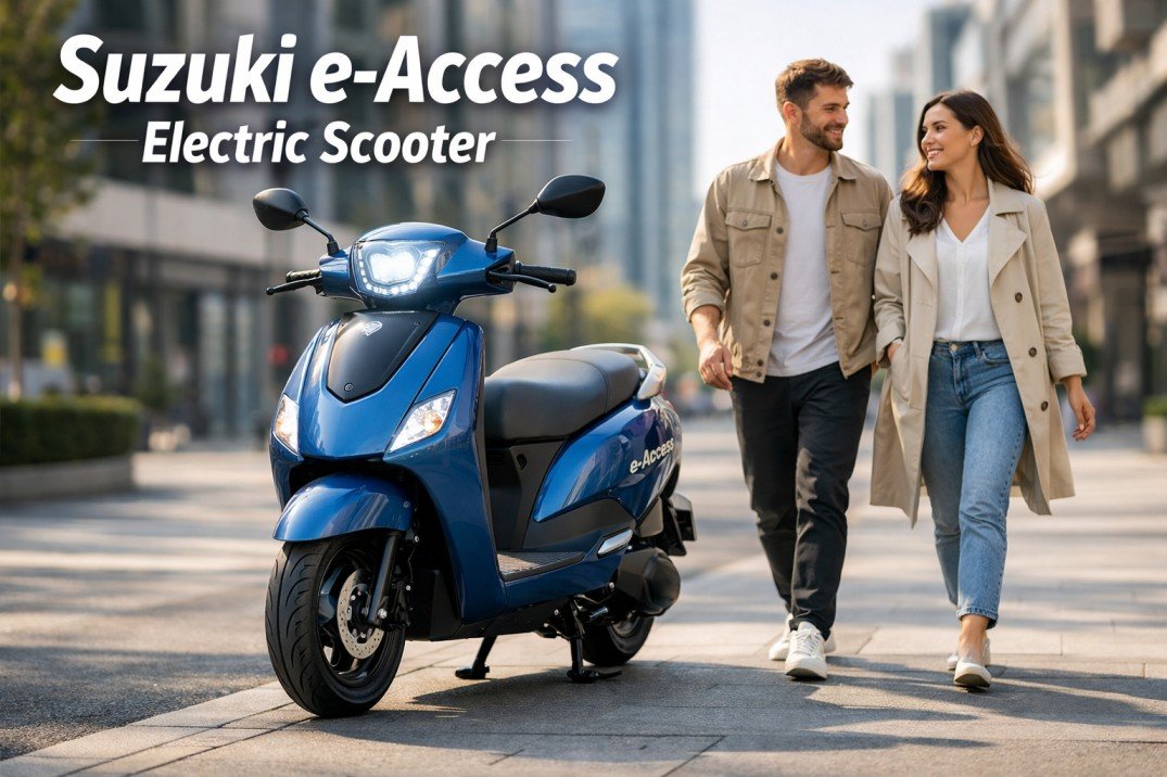 Blue Suzuki e-Access electric scooter parked on city street with modern design