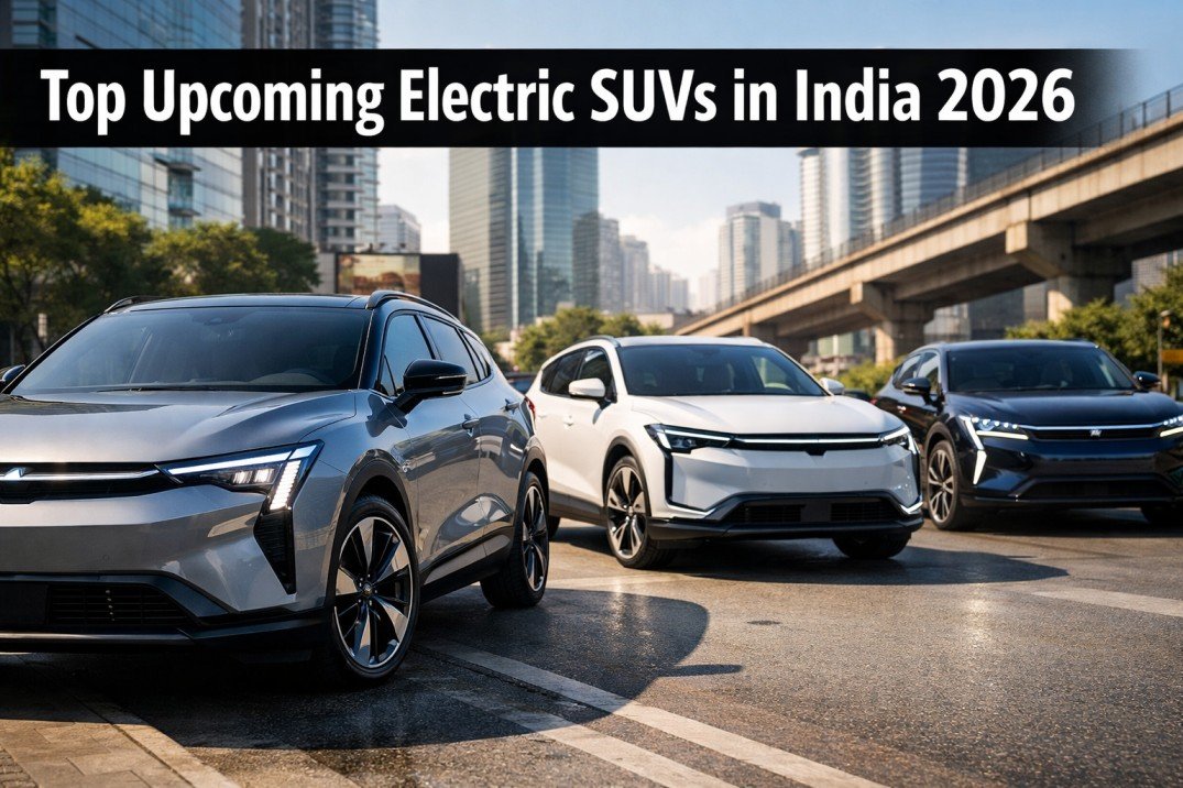 Futuristic electric SUVs parked on urban road representing upcoming EV SUV models in India