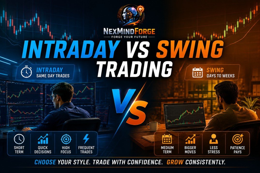 Intraday vs Swing Trading comparison chart showing the difference between intraday and swing trading for beginners.